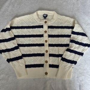 Lands End Womens Sm Drifter Cable Knit Cardigan Sweater Preppy Striped Navy NWT